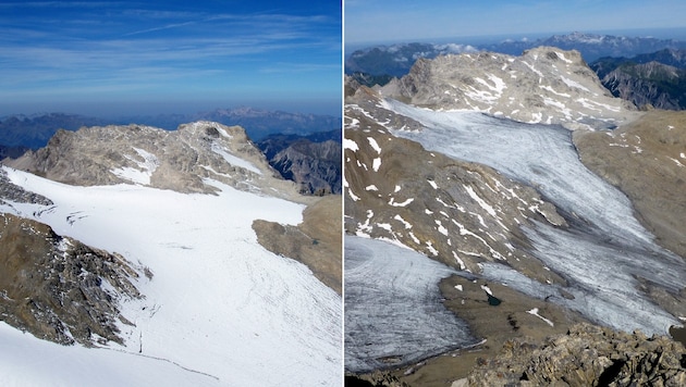 Der Brandner Gletscher, aufgenommen am 19. September 2003 (li.) und am 31. Juli 2015 (re.) (Bild: APA/…AV/KAUFMANN/GROSS)