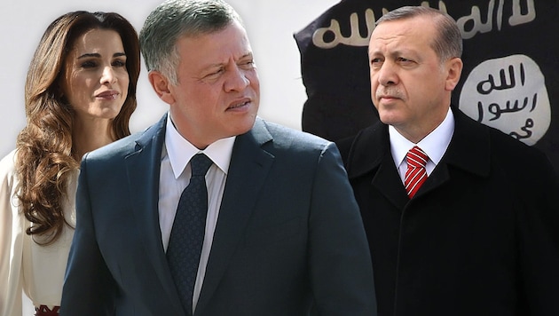 Jordaniens König Abdullah und seine Frau Rania; der türkische Präsident Recep Tayyip Erdogan (Bild: AFP)