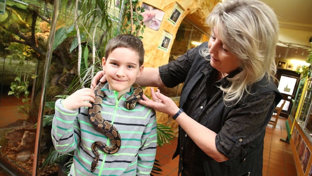 Helga Happ mit einem mutigen Besucher im Zoo: Jure (6)kam mit seiner Familie aus Laibach. (Bild: Kronenzeitung)