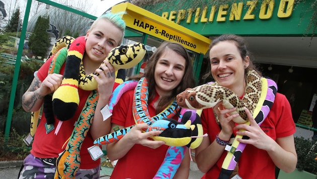 Die Mitarbeiter Carina, Martina und Anna mit den Stofftier-Schlangen, die sehr begehrt sind. (Bild: Kronenzeitung)