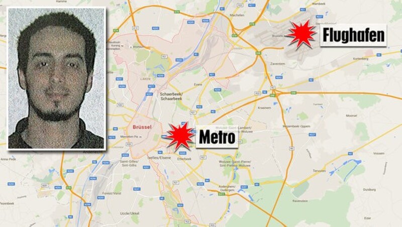 Najim Laachraoui gilt als Bombenbauer der Attentäter. Er starb beim Brüsseler Flughafen-Anschlag. (Bild: maps.google.at, APA/AFP/BELGIAN FEDERAL POLICE/HO)