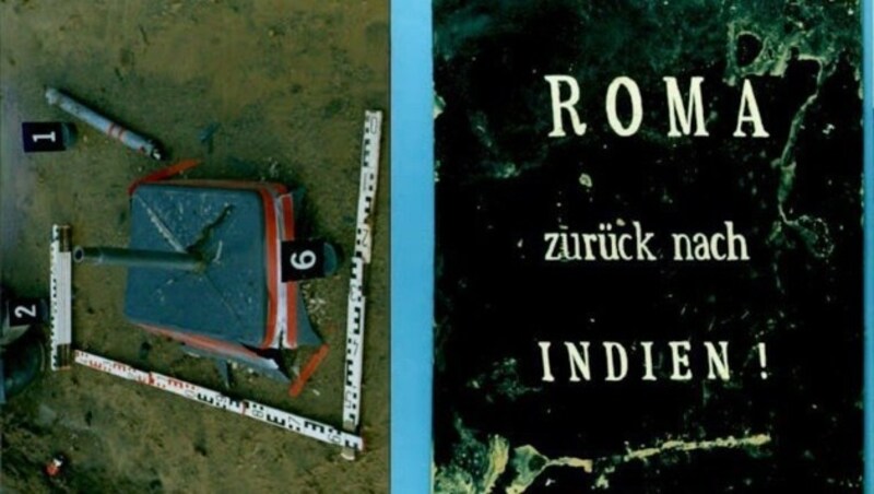 Der Sprengstoff ist in einem Schild mit der Aufschrift "Roma zurück nach Indien!" versteckt. (Bild: APA)