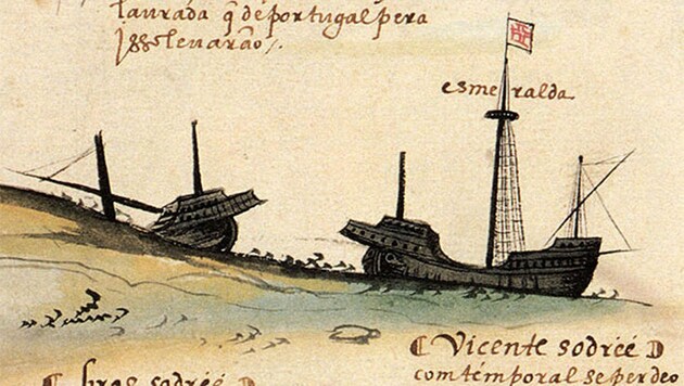 Zeitgenössische Zeichnung des Untergangs der "Esmeralda" und der "São Pedro" (Bild: Academia de Ciencias de Lisboa)