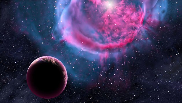 Künstlerische Darstellung von Kepler-438b vor seinem Stern (oben Mitte) (Bild: David A. Aguilar (CfA))