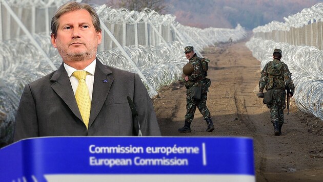 EU-Kommissar Hahn; Hintergrund: Mazedonische Grenzbefestigung zu Griechenland bei Gevgelija (Bild: APA/AFP/EMMANUEL DUNAND, AP)
