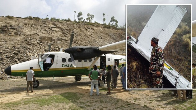 Ein baugleiches Flugzeug stürzte ab (großes Bild). Soldaten haben den Absturzort erreicht. (Bild: APA/AFP/Prakash Mathema, Nepal Army)
