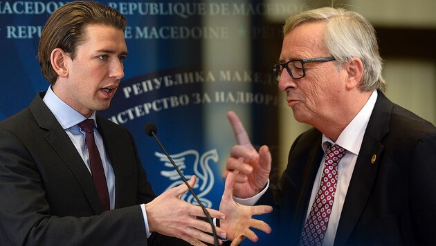 Außenminister Kurz und Kommissionspräsident Jean-Claude Juncker (Bild: AFP/Robert Atanasovski, AFP/Thierry Charlier)