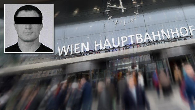 Für den Russen Aslan G. hatten am Wiener Hauptbahnhof die Handschellen geklickt. (Bild: APA/ROLAND SCHLAGER, politicalhotwire.com, krone.at-Grafik)