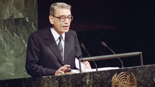 Boutros Boutros-Ghali am 1. Jänner 1992 bei seiner Antrittsrede vor den Vereinten Nationen (Bild: AP)