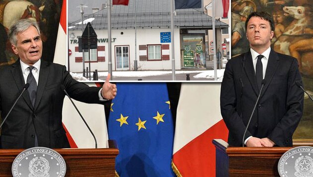 Faymann und Renzi sind uneins über das Vorgehen am Brenner (im kl. Bild die ehemalige Grenzstation). (Bild: APA/BKA/KERSTIN JOENSSON, EXPA)