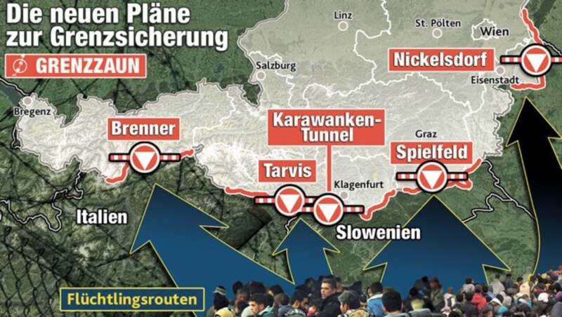 Flüchtlingsbewegung Richtung Österreich (Bild: "Krone"-Grafik)