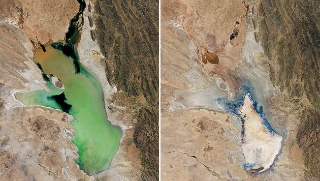 Der Lago Poopó am 2. April 2013 (links) und am 15. Jänner 2016 (rechts) (Bild: NASA Earth Observatory/Jesse Allen)