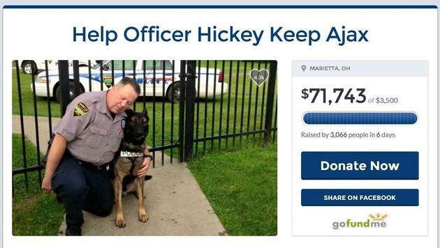 Officer Hickey und sein Diensthund dürfen dank zahlreicher Spender wohl zusammenbleiben. (Bild: gofundme.com/yumeagsk)