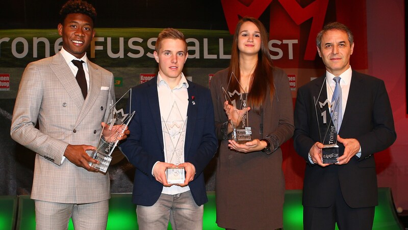 David Alaba, Markus Blutsch, Lisa-Marie Zmek und Marcel Koller beim „Krone“-Fußballfest 2016. (Bild: GEPA)