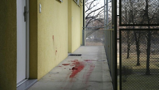 Die Blutspur vor der Wohnung zeugt von der tödlichen Auseinandersetzung. (Bild: APA/ERWIN SCHERIAU)