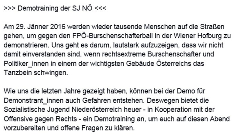 Aufruf zum Demotraining der SJ Niederösterreich (Bild: Facebook.com/Sozialistische Jugend Niederösterreich)