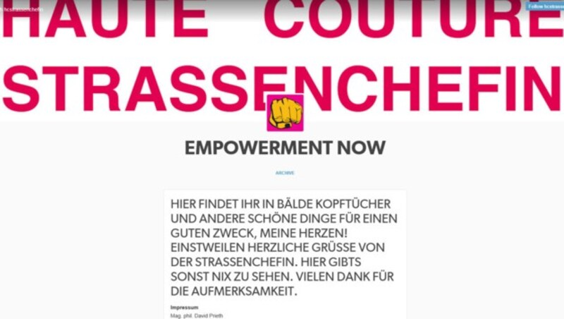 Die Website der "Haute Couture Strassenchefin", erreichbar unter hc-strache.at. (Bild: hc-strache.at)