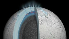 Künstlerische Darstellung der Wasserdampf-Geysire (oben) sowie ein Blick in das Innere des Saturnmondes Enceladus (Bild: NASA/JPL-Caltech)