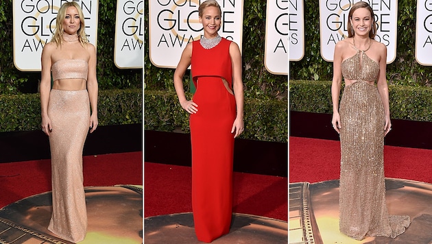 Kate Hudson, Jennifer Lawrence und Brie Larson ließen ihre Bauchmuskeln blitzen. (Bild: APA/AFP/VALERIE MACON, Jordan Strauss/Invision/AP,)