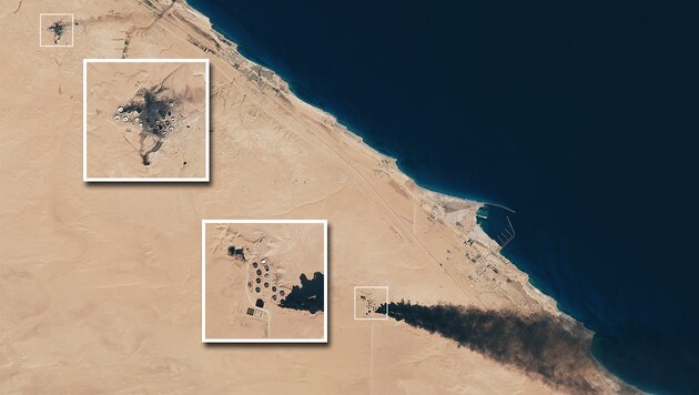 Brennende Öllager nahe al-Sidra (oben) und Ras Lanuf (unten) (Bild: ESA/Copernicus/Joshua Stevens)