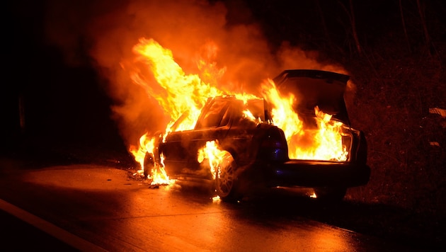 Das Auto brannte beim Eintreffen der Feuerwehr bereits lichterloh. (Bild: Lukas Derkits/Pressestelle BFK Mödling)
