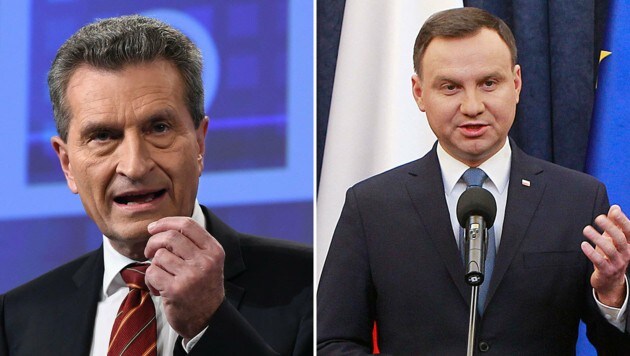 EU-Kommissar Oettinger droht Polen (rechts im Bild Präsident Andrzej Duda) mit Konsequenzen. (Bild: APA/AFP/JOHN THYS, AP)