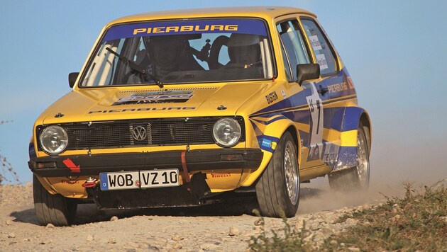 Volkswagen Golf GTI, Gelb-Blauer-Renner, Replica des Rallye Monte Carlo Teilnehmers von 1980 (Bild: Volkswagen)