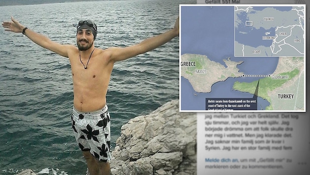 Ameer Mehtr schwamm sieben Stunden lang durchs Meer, um die Küste Griechenlands zu erreichen. (Bild: instagram.com, twitter.com)