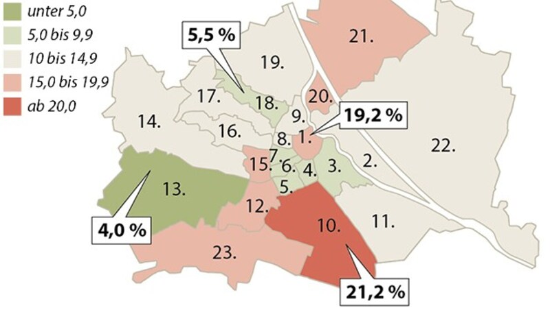 Sicherheitsgefühl nach Bezirken ("eher" bis "gar nicht sicher") (Bild: APA)