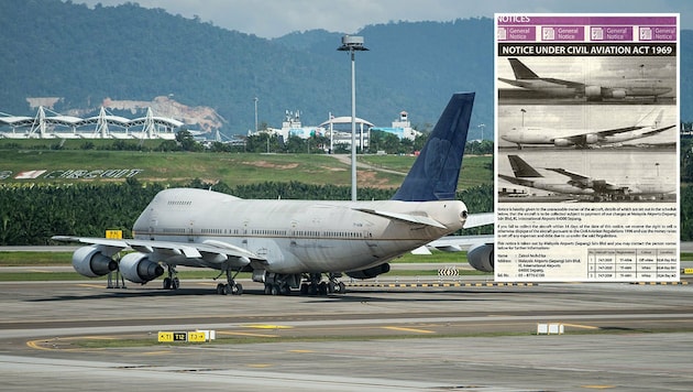 Einer der drei "herrenlosen" Boeing-Flieger; Zeitungsanzeige mit allen drei Jets (kl. Bild) (Bild: APA/AFP/MOHD RASFAN, The Star)