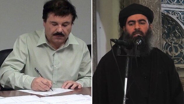 Kartell-Boss Guzman (links) soll IS-Chef Baghdadi (rechts) in einer E-Mail den Krieg erklärt haben. (Bild: AFP/PGR, AFP/HO/AL-FURQAN MEDIA)