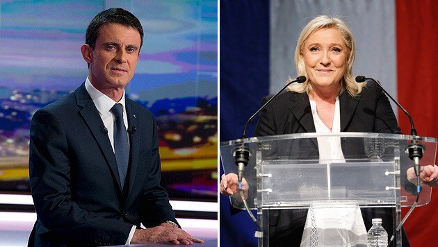 Premier Valls und FN-Chefin Le Pen (Bild: APA/AFP/Kenzo Tribouillard, APA/EPA/Julien Warnand)