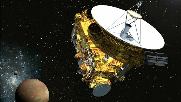 Künstlerische Darstellung von "New Horizons" vor Pluto und seinen Monden (Bild: NASA/JHUAPL/SwRI)