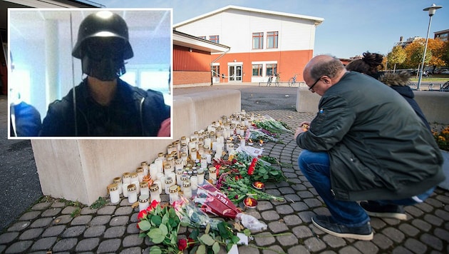 Kerzen und Blumen für die Opfer des Schwert-Attentäters von Trollhättan (kl. Bild) (Bild: APA/AFP/JONATHAN NACKSTRAND, APA)