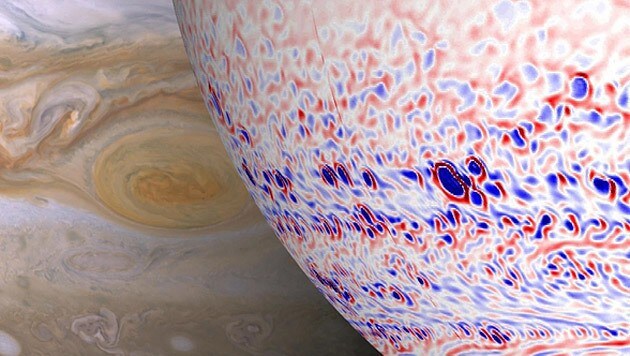 Vergleich einer Aufnahme des Jupiters mit der Computersimulation (Bild: NASA/JPL/University of Alberta/MPS)