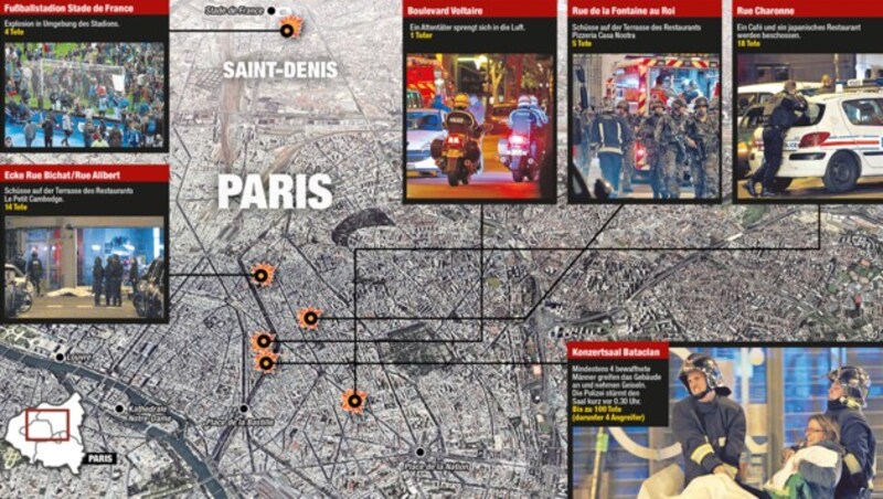 Die Anschlagsorte in Paris (Bild: Krone-Grafik)