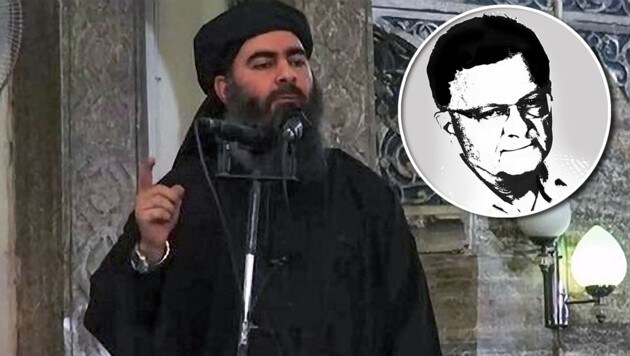 Im großen Bild IS-Anführer Abu Bakr al-Baghdadi (Bild: APA/EPA/ISLAMIC STATE VIDEO, "Krone")