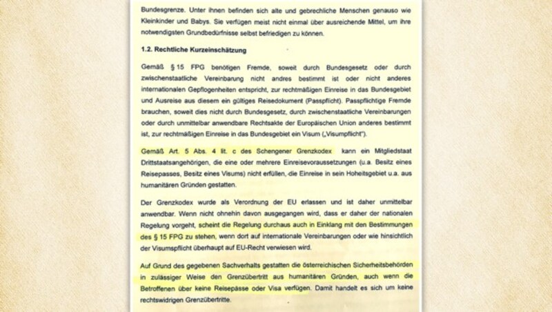 Rechtliche Einschätzung des Innenministeriums zum "Grenzübertritt aus humanitären Gründen" (Bild: Kronen Zeitung)