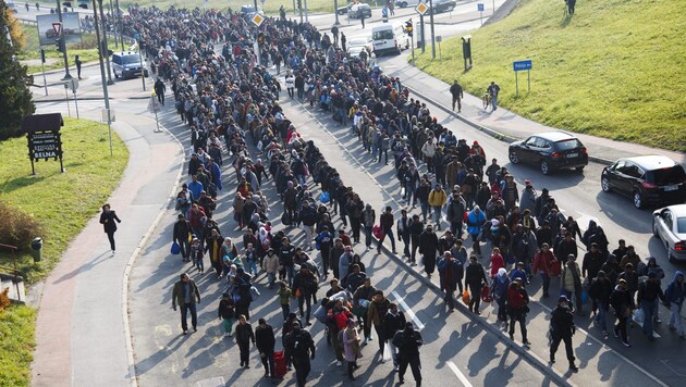 Flüchtlinge auf ihrem Weg über die slowenische Grenze nach Österreich (Bild: APA/EPA/GYORGY VARGA)