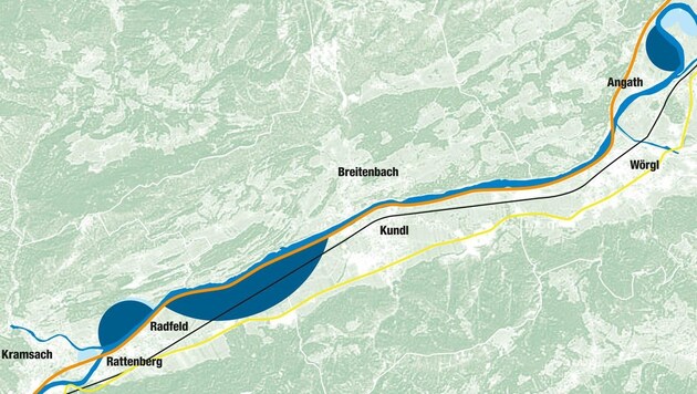Die blauen Flächen verdeutlichen die Retentionsräume zwischen Kramsach und Angath. (Bild: Land Tirol)