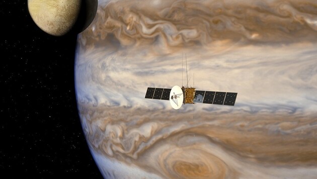 Künstlerische Illustration: Die Sonde JUICE vor dem Planeten Jupiter (Bild: ESA/AOES)