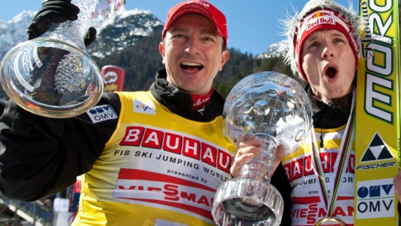 Erfolgreiches Gespann: Trainer Pointner mit Schützling Morgenstern beim Skifliegen in Planica 2011. (Bild: APA/EXPA/JOHANN GRODER)