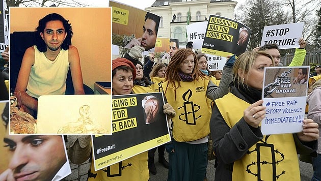 Eine Kundgebung von Amnesty International vor der saudi-arabischen Botschaft in Wien (Bild: Twitter.com/raif_badawi, APA/ROLAND SCHLAGER)
