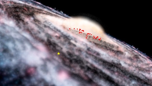 Illustration: Die Grafik zeigt die Position der neu entdeckten Cepheiden (rot) in der Milchstraße (Bild: ESO/Microsoft Worldwide Telescop)