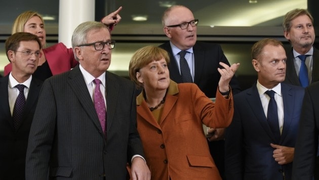 Juncker, Merkel und Co. scheinen nun eine gemeinsame Richtung eingeschlagen zu haben. (Bild: APA/AFP/JOHN THYS)