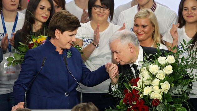 PiS-Parteichef Kaczynski gratuliert Parteikollegin Szydlo zum Wahlsieg. (Bild: APA/EPA/PAWEL SUPERNAK)