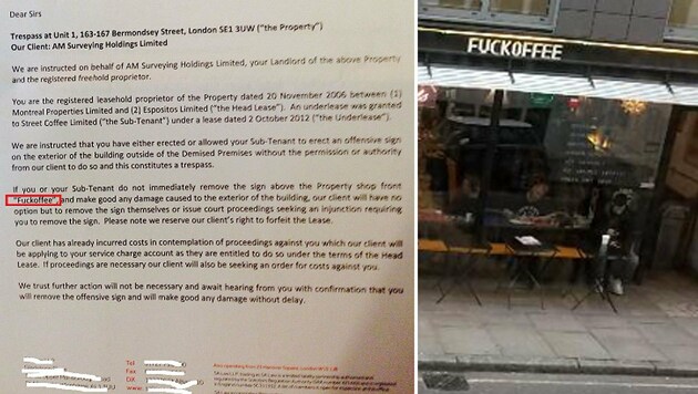Das beliebte Café in London soll umbenannt werden, sonst droht den Betreibern sogar eine Kündigung. (Bild: twitter.com/Fuckoffee)