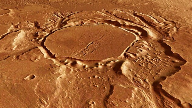Ein mit Sedimenten gefüllter Krater und das Minio-Tal (Bild: ESA/DLR/FU Berlin)