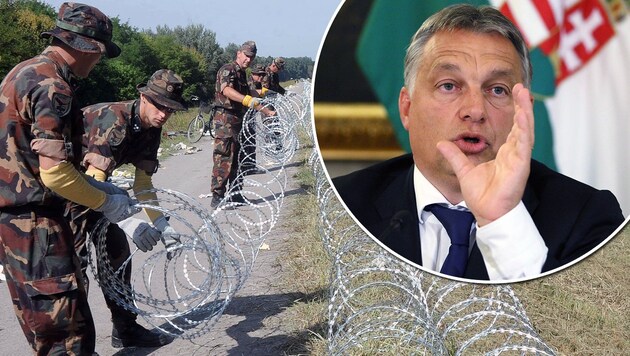 Ungarische Soldaten errichten die Sperranlage an der Grenze zu Kroatien; Premier Viktor Orban (Bild: AP, AFP)