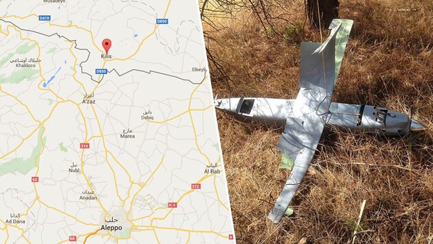 Dieses Bild soll die von der Türkei im Grenzgebiet zu Syrien abgeschossene Drohne zeigen. (Bild: Google Maps, twitter.com/JulianRoepcke)